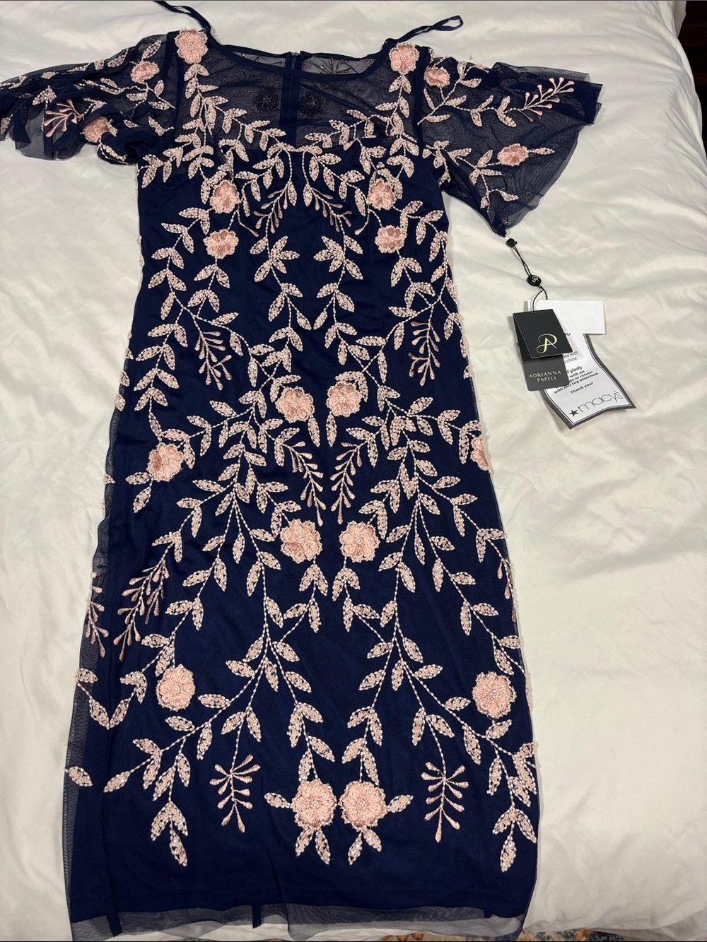 Adrianna Papell Navy Dress with Blush Beaded Embroidery